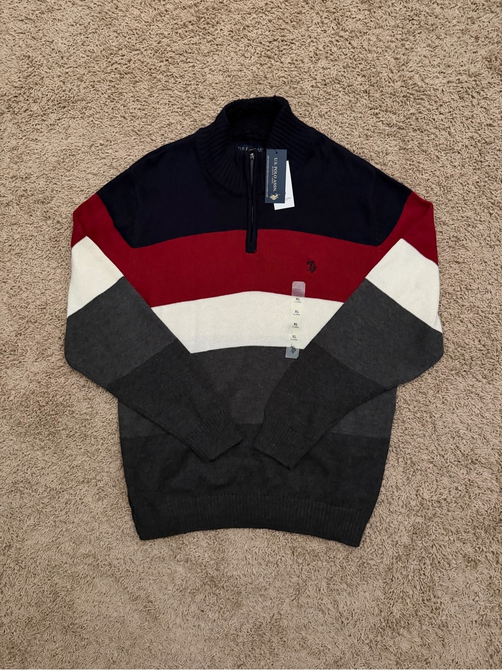 NEW US Polo Assn Sweater XL Colorblock Stripe Red Grey Black 1/4 Zip Preppy